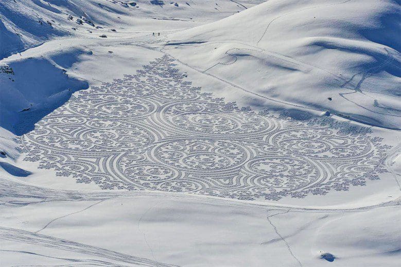 Geometric Drawings Trampled in Snow and Sand by Simon Beck. The level of dedication to time and cold tolerance required here is astounding.